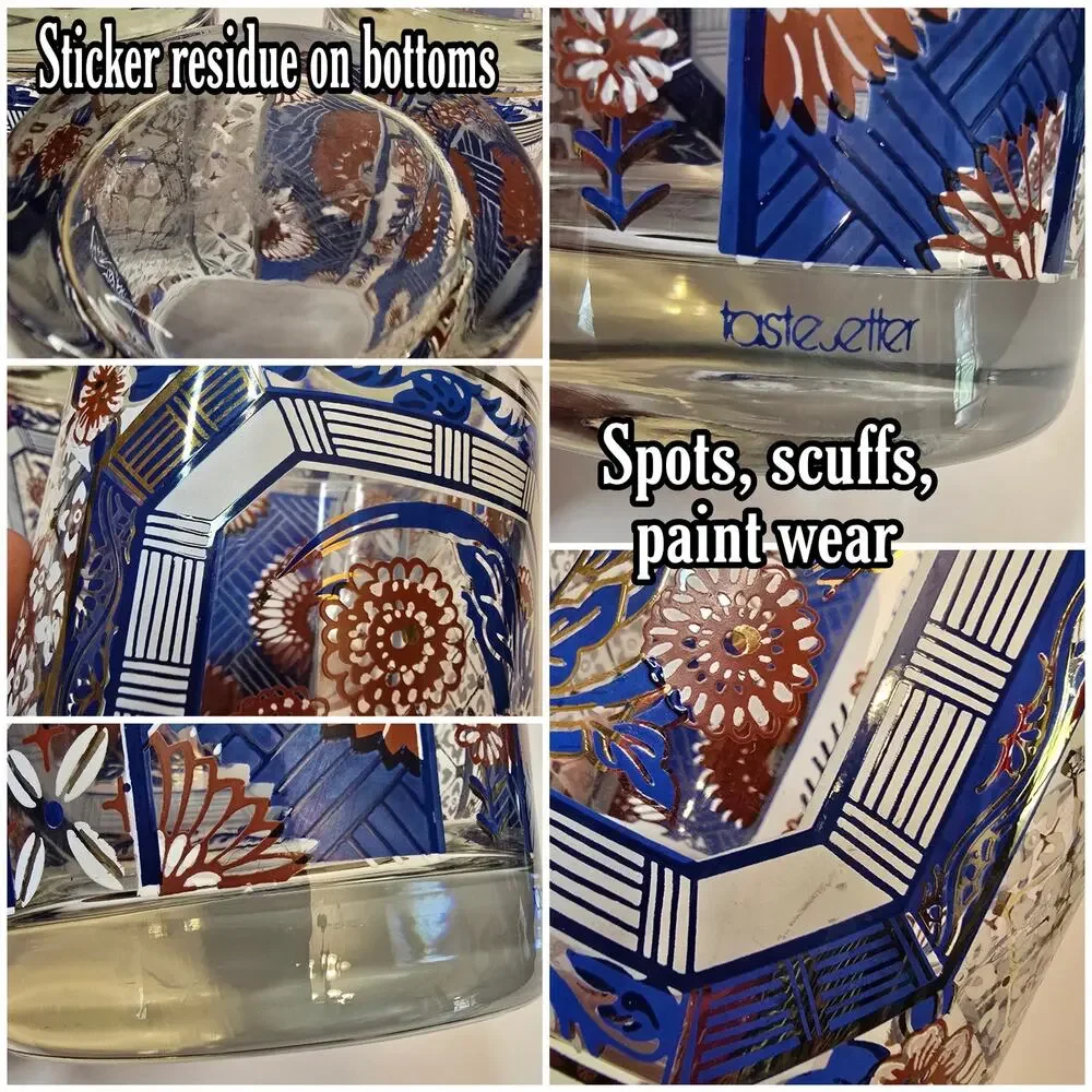 3 Old Fashioned Lowball Rocks Glasses Blue Oriental Imari Pattern Gold Vtg MCM